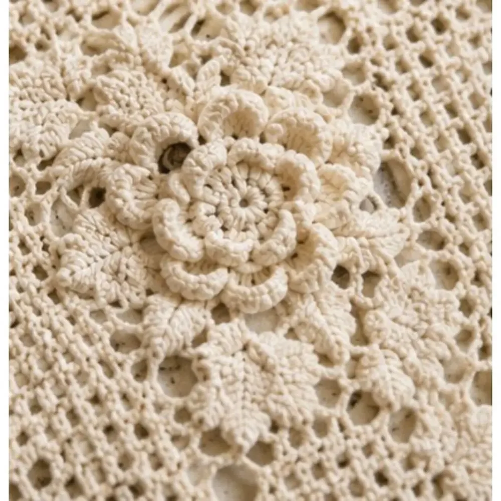 Vintage Handmade Crochet Lace Coverlet Throw Ecru Floral Roses Raised Crochet